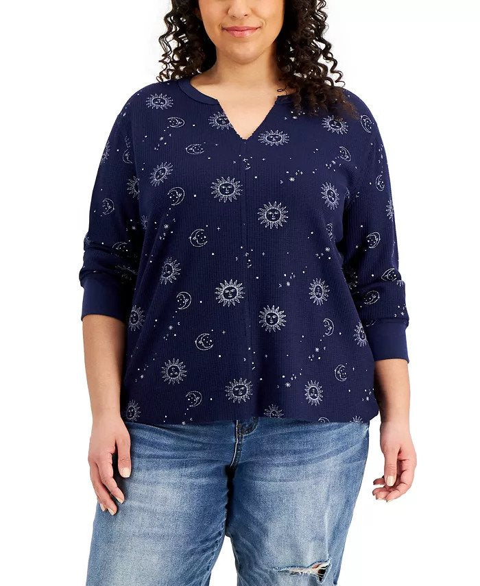 Rebellious One Trendy Plus Size Printed Notch-Neck Thermal Top