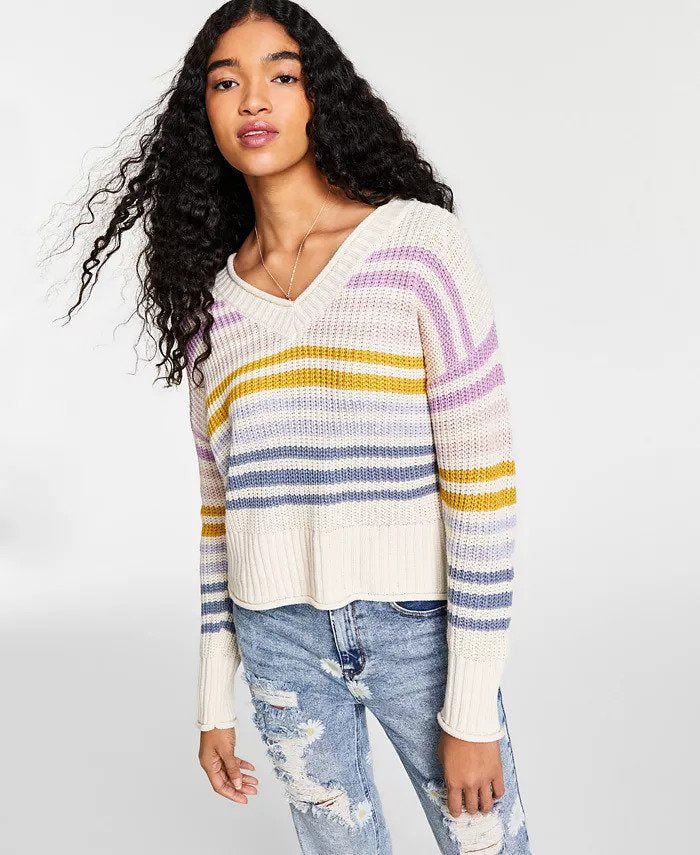 Hippie Rose Juniors' Striped V-Neck Sweater